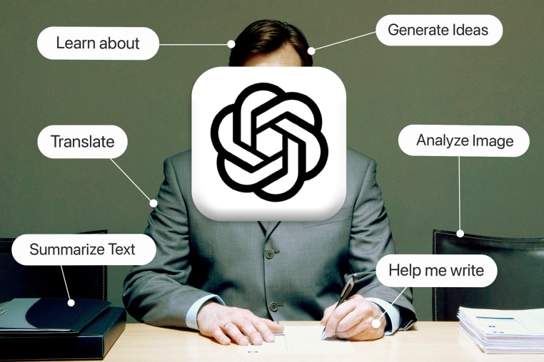 Photo illustration of man whose face is obscured by Chat GPT logo; sitting at desk with text bubbles surrounding him that read: Learn about, Generate Ideas, Translate, Analyze Image, Summarize Text, Help me write 