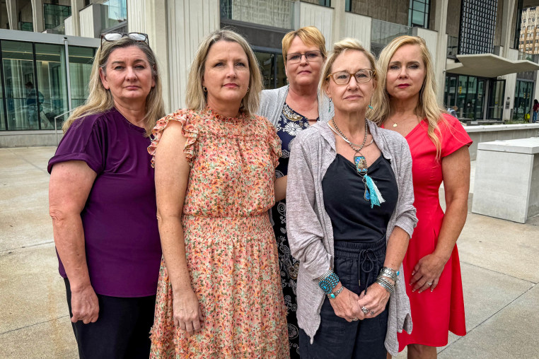 Abby Scott, Kim Williams, Kerri Jackson, Lisa Ball and Sarah Boren at the Tulsa District Court in Oklahoma on July 15, 2026.