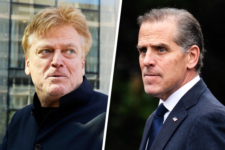 A split composite image of Patrick Byrne, left, and Hunter Biden