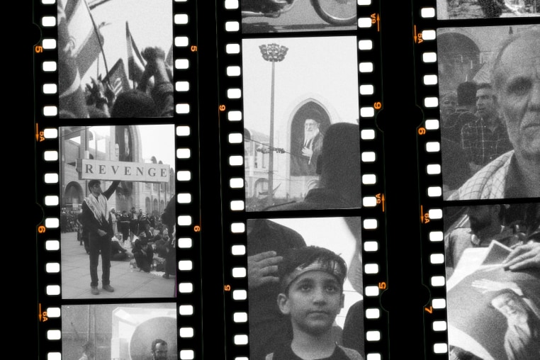A contact sheet of film strips showing black and white images taken in Iran during the Ayatollah's funeral.