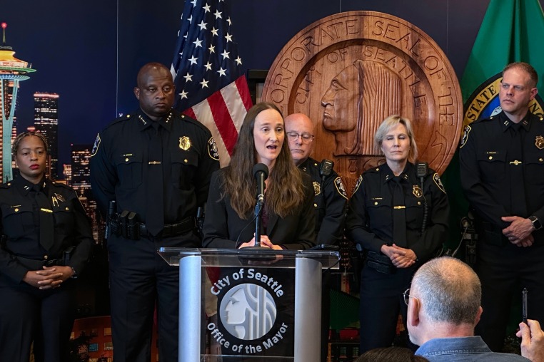 Seattle Mayor Katie Wilson at a press conference in Seattle.