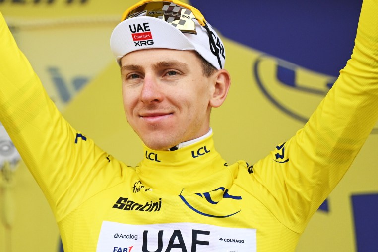 ALPE D'HUEZ, FRANCE - JULY 25: Tadej Pogacar of Slovenia and UAE Team Emirates - XRG celebrates at podium as Yellow Leader Jersey winner after the 113th Tour de France 2026, Stage 20 a 170.9km stage from Le Bourg d'Oisans to Alpe d'Huez 1842m / #UCIWT / on July 25, 2026 in Alpe d'Huez, France. (Photo by Luc Claessen/Getty Images)