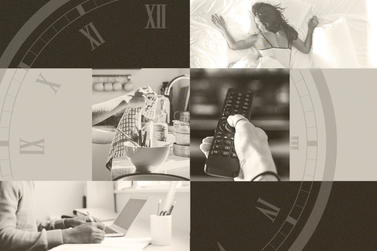 Photo illustration of a clock and multiple images of household tasks like sitting at a laptop, doing dishes, holding tv remote, and sleeping. 