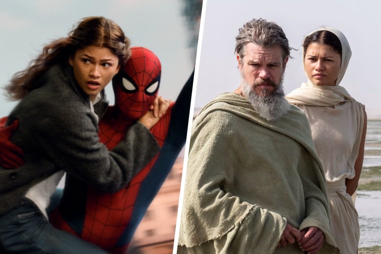A split composite image showing Zendaya and Tom Holland swinging mid-air while holding on to one another, Holland in his spiderman costume, and right, Matt Damon and Zendaya standing next to one another outside
