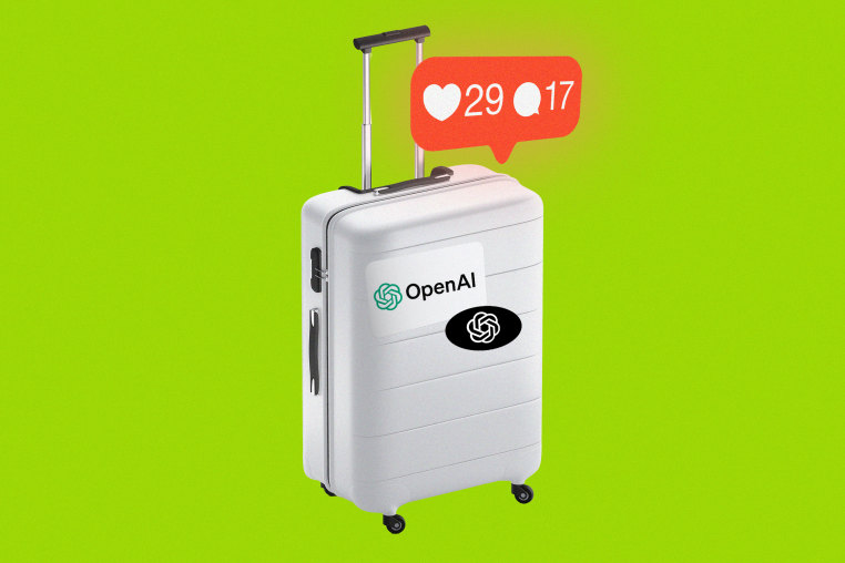 A suitcase with Open AI logo stickers and an Instagram-style notification alert showing 29 likes and 17 comments.