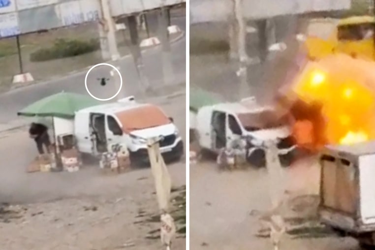 A drone circles over a man at a market in Kherson, southern Ukraine, before detonating nearby, in an incident that Ukrainian authorities said occurred on August 4, 2026, amid Russia's attack on Ukraine, in this still image obtained from a handout video on August 4, 2026.