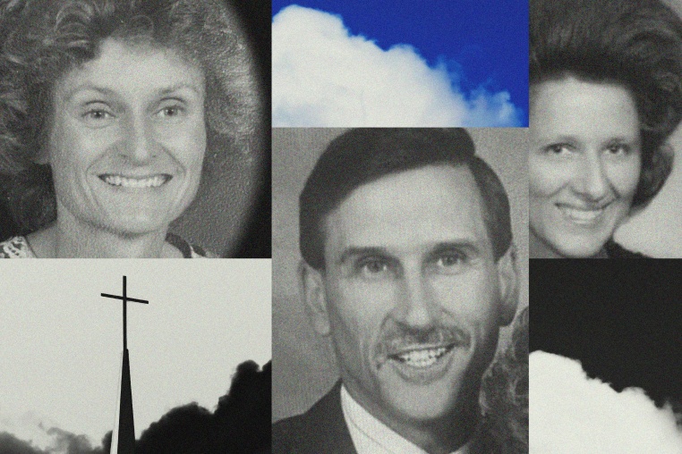 Photo illustration of John Bridges, a pastor, and now being investigated for murder of two of his wives: Astrid Bridges, left, and Joyce Bridges; and a cross on a church steeple against clouds.
