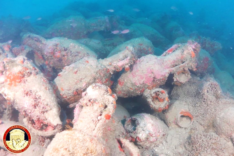 Ministry of Culture posts video of Roman finds near Trapani, Italy. About three miles off the coast of Mazara del Vallo, at a depth of 46 meters, a Roman shipwreck has been discovered, believed to date from between the 2nd and 1st centuries B.C., containing hundreds of amphorae, two large lead anchor stocks, and other artifacts.