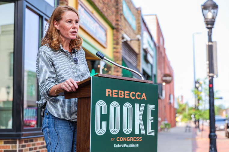 Rebecca Cooke, Democratic Congressional candidate for Wisconsin speaking to media. 