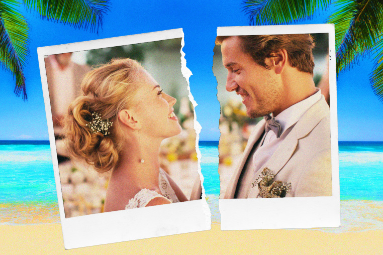 Photo Illustration of a torn photo of a bride and groom against a tropical beach with palm trees.