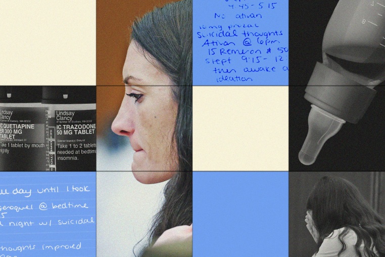 Grid of photos showing Lindsay Clancy in court; pill bottles prescribed to Clancy; notes about suicidal thoughts and ideations written by Clancy; a baby bottle; Clancy crying in court.