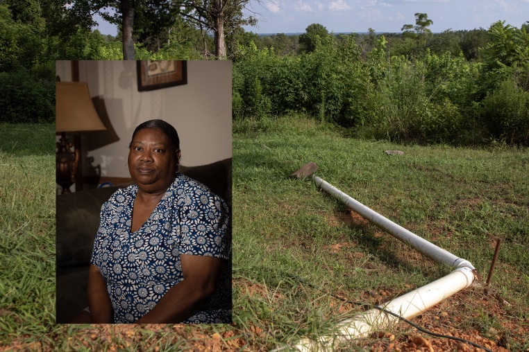 A portrait of a woman overlaid onto a landscape image showing a white PVC pipe stretched across a lawn.