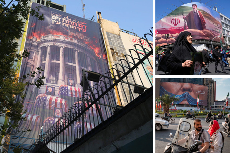 A triptych image of propaganda murals in Tehran, Iran.