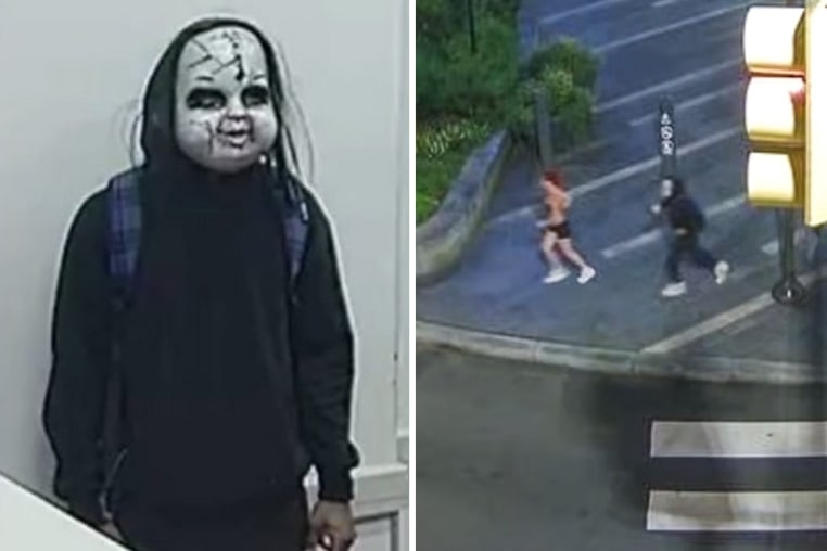 A split composite image: on the left left, a person in a black hoodie wearing a Chucky mask and backpack, and on the right, a jogger is chased by the same individual