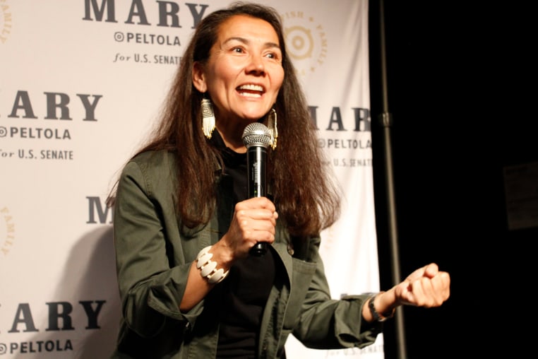 Mary Peltola, a Democrat running for the U.S. Senate seat in Alaska, addresses supporters at an election watch party Tuesday, Aug. 18, 2026, in Anchorage.