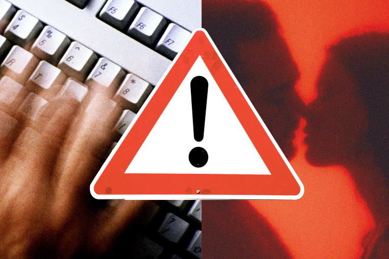 Photo illustration of a caution sign overlaid atop hands on a keyboard and two silhouettes 