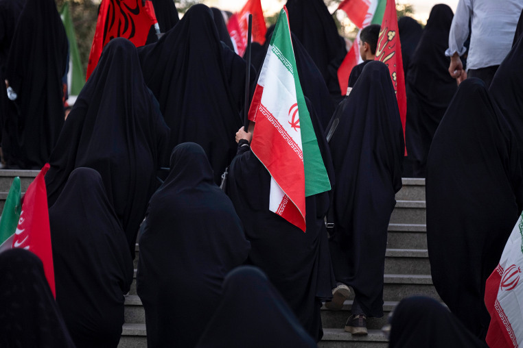 Image: A veiled pro-government supporter carrying an Iranian national flag 