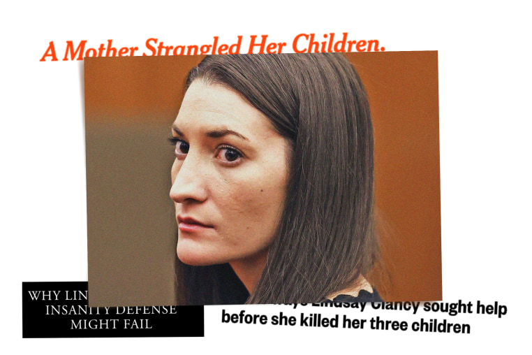Photo illustration of Lindsay Clancy in court with news headlines reading "A mother strangled her children," "Lindsay Clancy sought help before she killed her three children," and "Why Lindsay Clancy's insanity defense might fail."