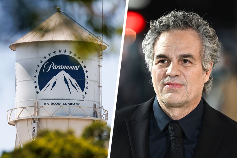 A split composite image of a Paramount water tower, left, and Mark Ruffalo.