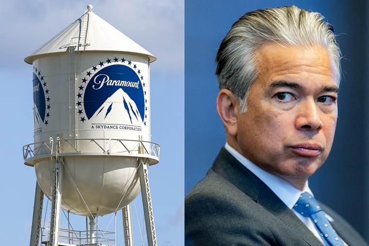A split composite image of, from left, A Paramount water tower, and California Attorney General Rob Bonta.