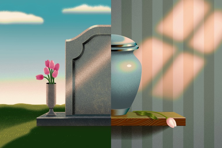 Illustration of a gravestone and an urn