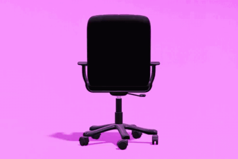 Animation of spinning empty office chair against pink background 