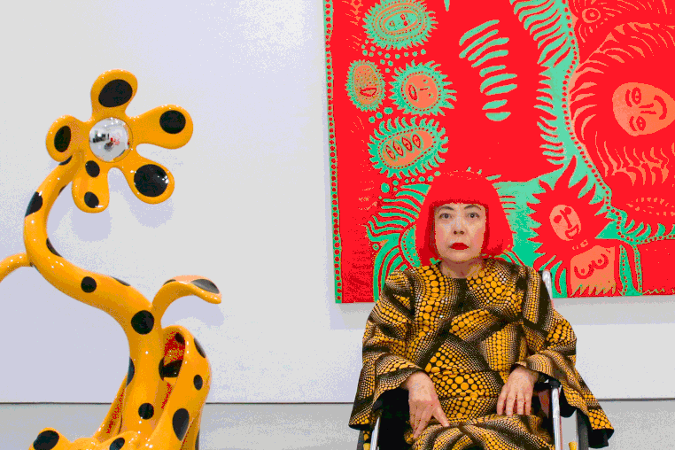 A selection of images of Yayoi Kusama portraits and artworks across the years.