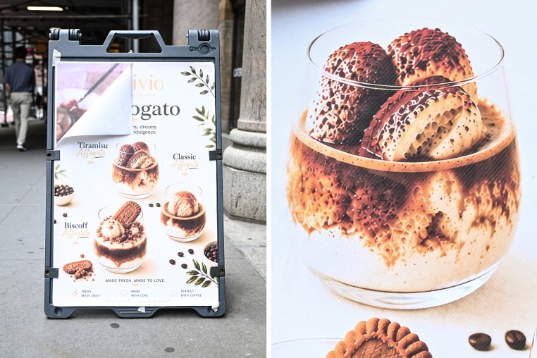 A menu stand outside of a building on the sidewalk, showing tiramisu, biscoff, and an affogato, all AI-generated illustrations