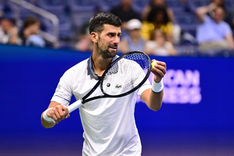 Novak Djokovic serves against Mariano Navone during a Men's Singles match on Day One of the 2026 US Open at USTA Billie Jean King National Tennis Center on Sunday, August 30, 2026 in Flushing, NY.