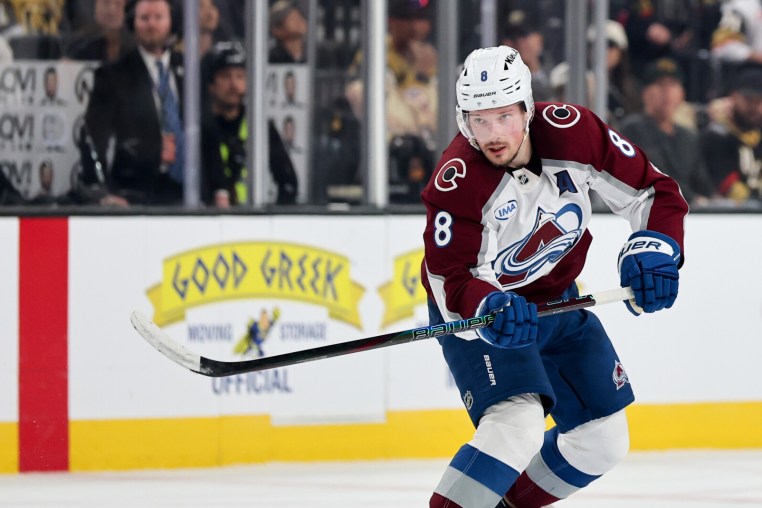 LAS VEGAS, NEVADA - MAY 26: Cale Makar #8 of the Colorado Avalanche skates against the Vegas Golden Knights in the first period of Game Four of the Western Conference Final of the 2026 Stanley Cup Playoffs at T-Mobile Arena on May 26, 2026 in Las Vegas, Nevada. The Golden Knights defeated the Avalanche 2-1 to win the series in four games. (Photo by Ethan Miller/Getty Images)