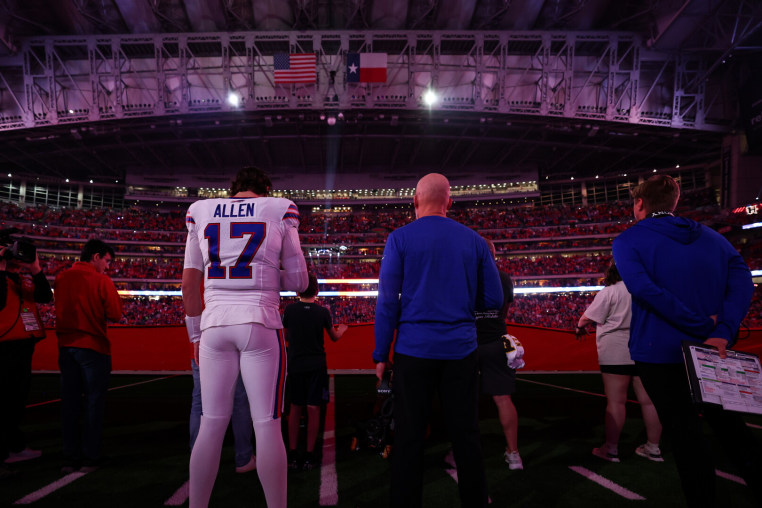 HOUSTON, TEXAS - NOVEMBER 20: Josh Allen #17 and head coach Sean McDermott of the Buffalo Bills stand on the sideline during the national anthem prior to the game against the Houston Texans at NRG Stadium on November 20, 2025 in Houston, Texas. (Photo by Kevin Sabitus/Getty Images)