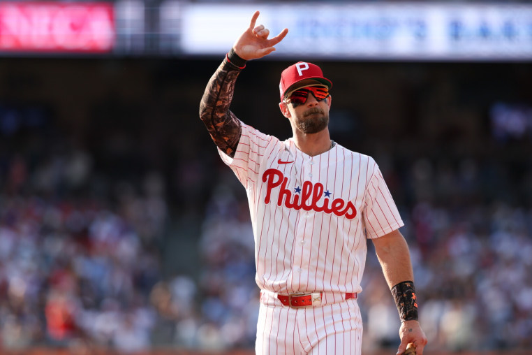 Jul 25, 2026; Philadelphia, Pennsylvania, USA; Philadelphia Phillies first baseman Bryce Harper (3) reacts in the direction of fans during the first inning against the New York Yankees at Citizens Bank Park. Mandatory Credit: Bill Streicher-Imagn Images