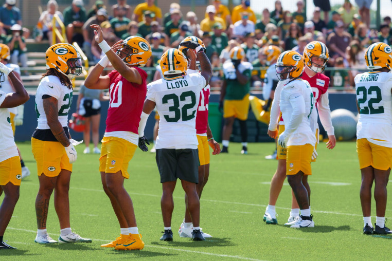 Players including Marshawn Lloyd #32 and Jordan Love #10 of the Green Bay Packers participate in a drill during training camp at Ray Nitschke Field in Ashwaubenon, Wisconsin, on August 2, 2026. (Photo by Ross Harried/NurPhoto via Getty Images)