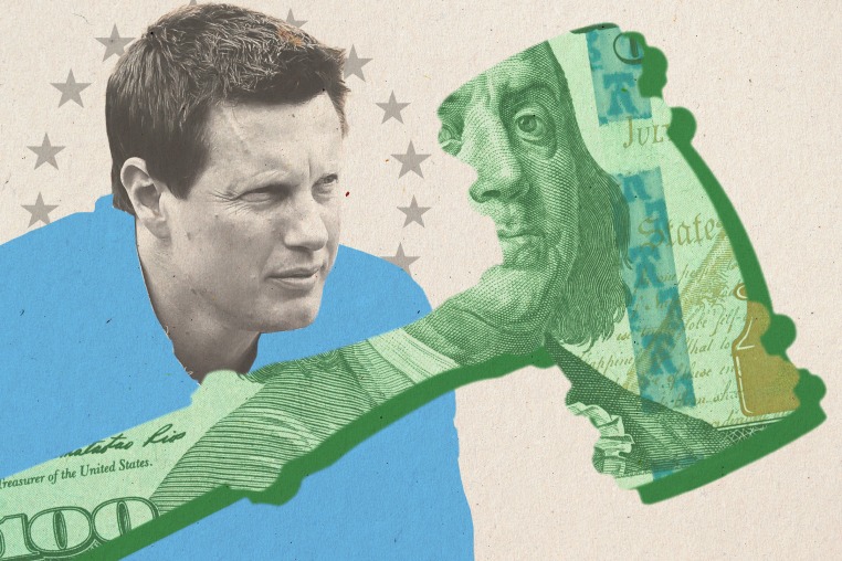 Photo illustration of a gavel, a hundred-dollar bill, and David Ellison.
