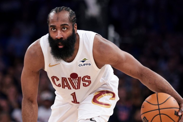 May 21, 2026; New York, New York, USA; Cleveland Cavaliers guard James Harden (1) controls the ball against the New York Knicks during the second quarter of game two of the eastern conference finals of the 2026 NBA playoffs at Madison Square Garden. Mandatory Credit: Vincent Carchietta-Imagn Images
