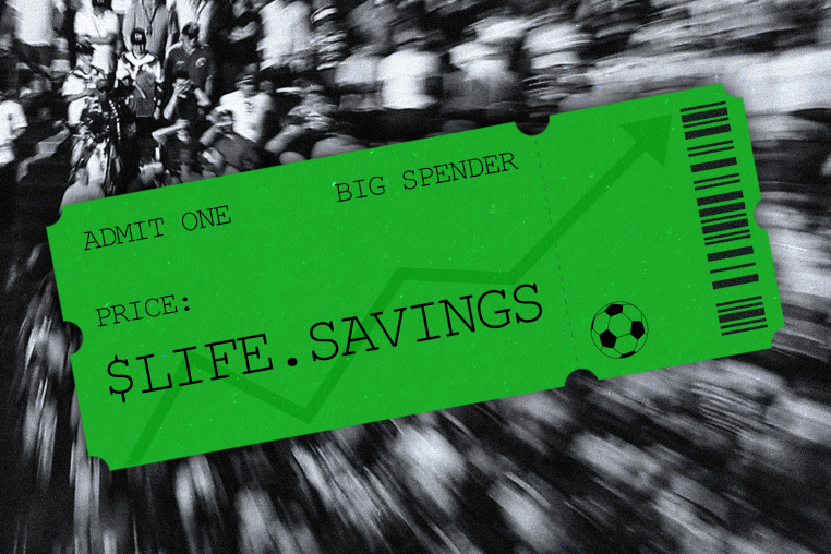 Photo illustration of a green ticket that says "Admit One, Big Spender" and "Price: $Life.Savings."