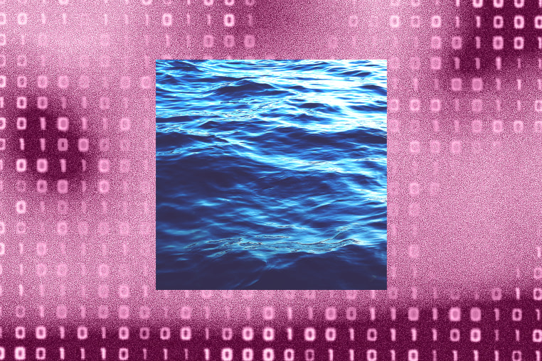 Photo illustration of a pink background with coding and an image of water in the center. 