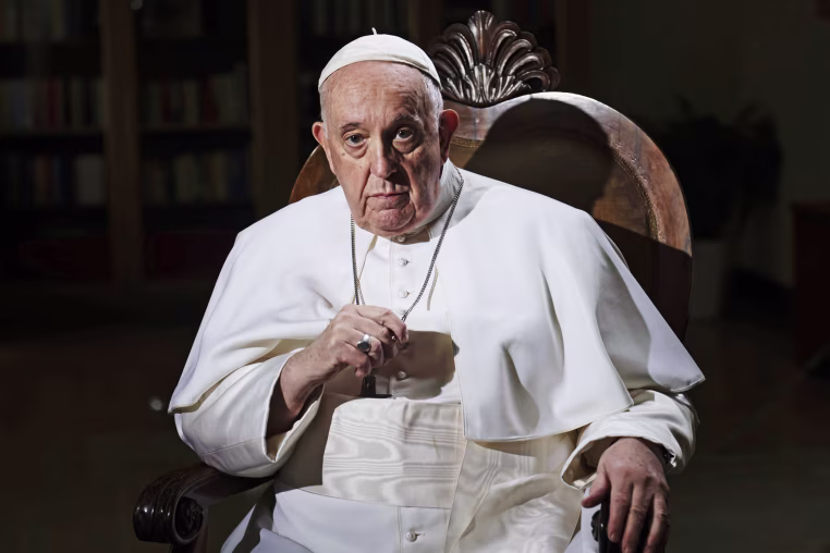 Pope Francis pauses during an interview with The Associated Press at The Vatican, Tuesday, Jan. 24, 2023.