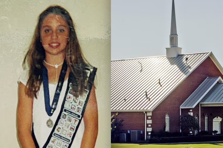 Stephanie Davis as a child, wearing the sash from the Assemblies of God's Missionettes girls program; Refuge Church of The Assemblies of God in Jonesboro, Ark.