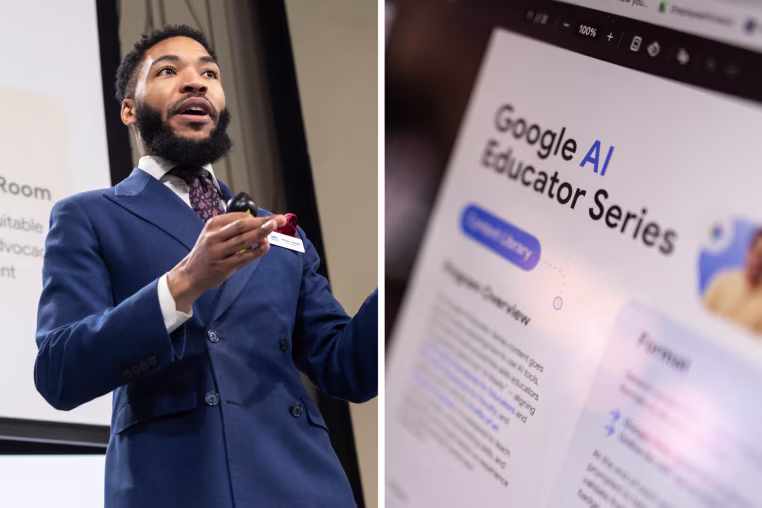 A split composite image, on left, Winston Roberts speaks on stage, on right, a photo of a laptop screen showing a webpage with text that reads "Google AI Educator Series"