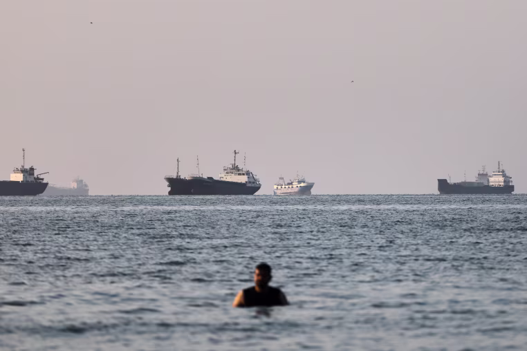 A person stands on shallow water as cargo and commercial vessels are anchored in the Strait of Hormuz off Bandar Abbas, Iran.