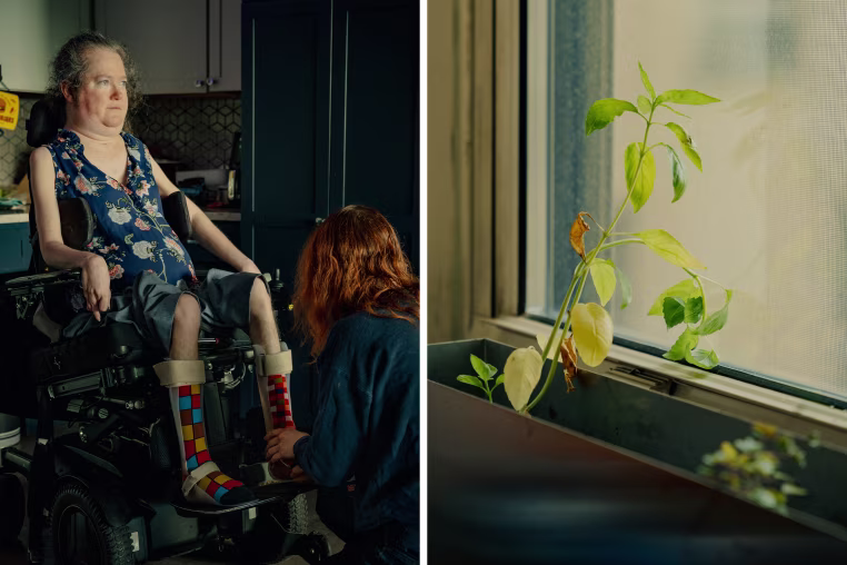 A split composite image of Rebecca Anger having her legs and feet fastened into a wheelchair, and a plant by a windowsill