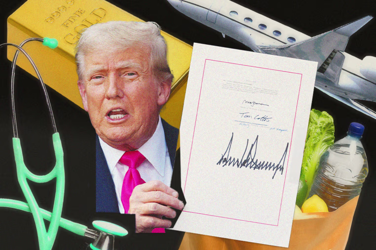 Collage of Donald Trump surrounded by: gold bar, stethoscope, a plane, and a grocery bag 