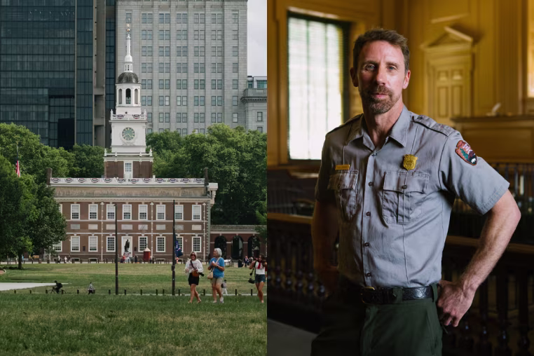 Michael Doveton, a National Park Service ranger and curator, in the Pennsylvania Supreme Court Chamber, the judicial branch during the colonial period, at Independence Hall in Philadelphia on June 10, 2026.