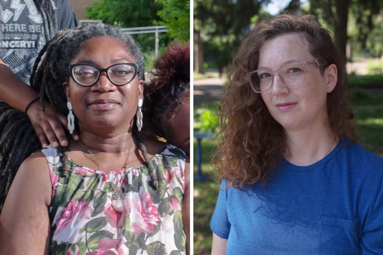 A split composite image of Schmeeka Simpson, left, and Molly Mayhew, both seated outside