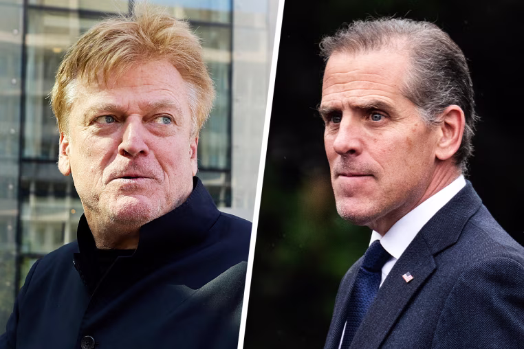 A split composite image of Patrick Byrne, left, and Hunter Biden