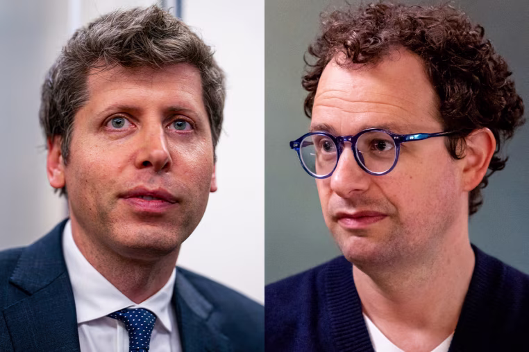 A split composite of Sam Altman and Dario Amodei.