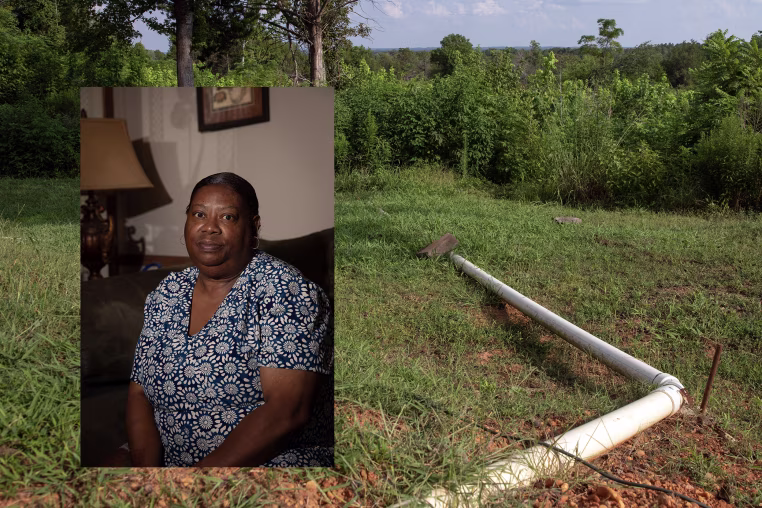 A portrait of a woman overlaid onto a landscape image showing a white PVC pipe stretched across a lawn.