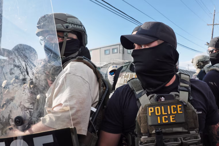 ICE agents outside the federal immigration center at Delaney Hall in Newark, N.J., on May 28, 2026.