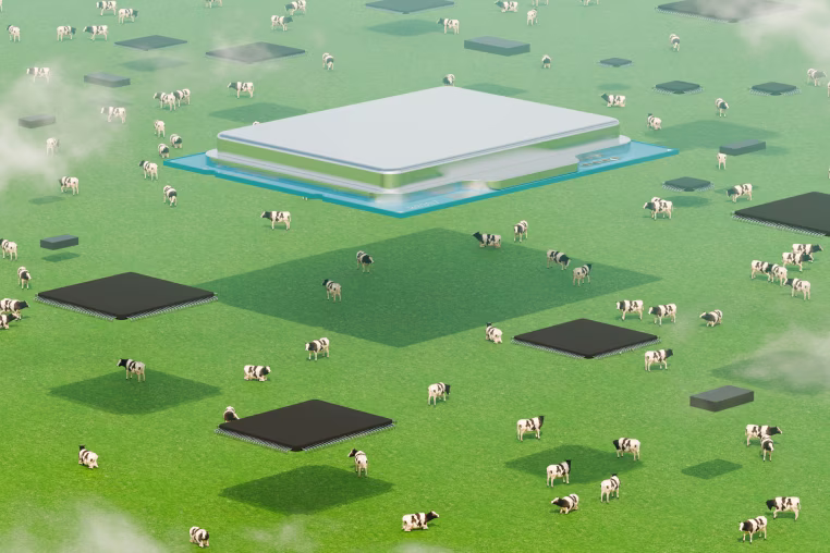 Illustration of data chips hovering above a field of green grass with dairy cows.